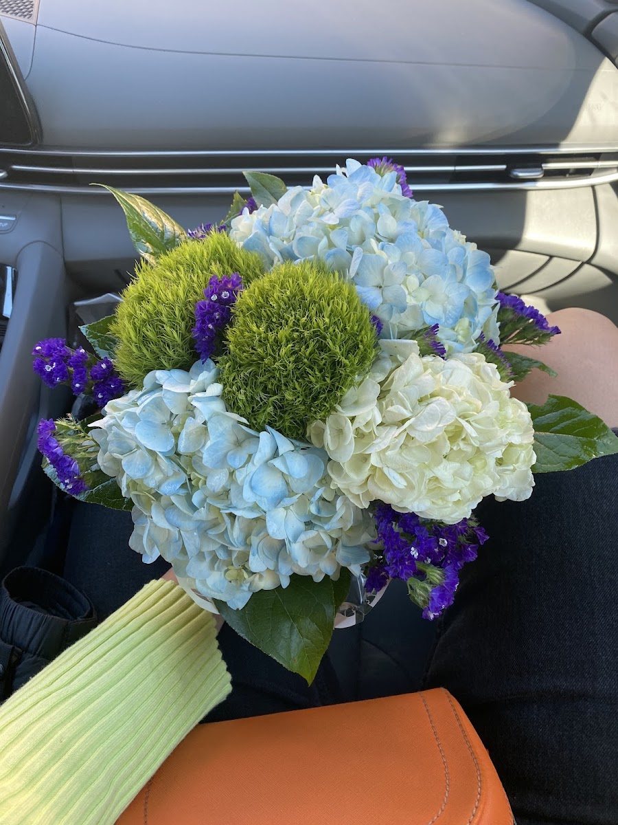 Blue and green hydrangea hand-tied bouquet