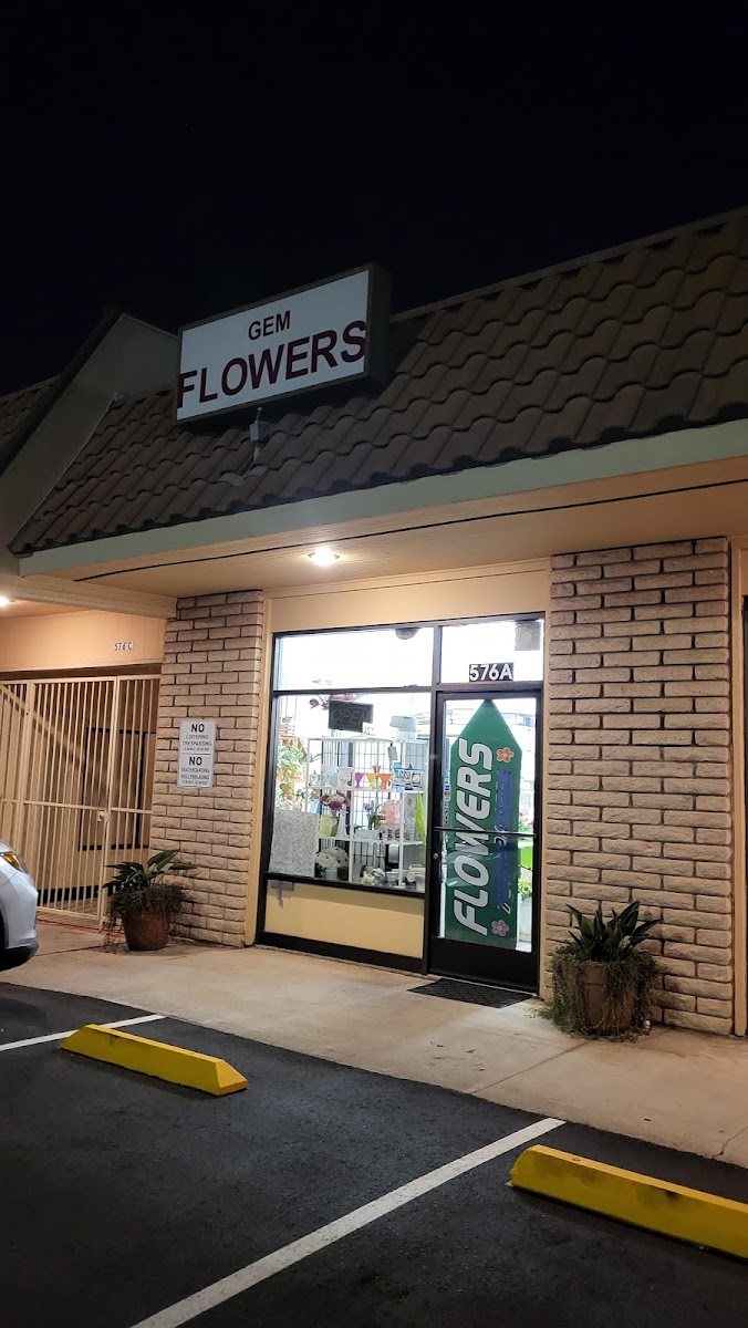 Gem Flowers storefront at night with the lit Gem Flowers sign, Mulberry Plaza